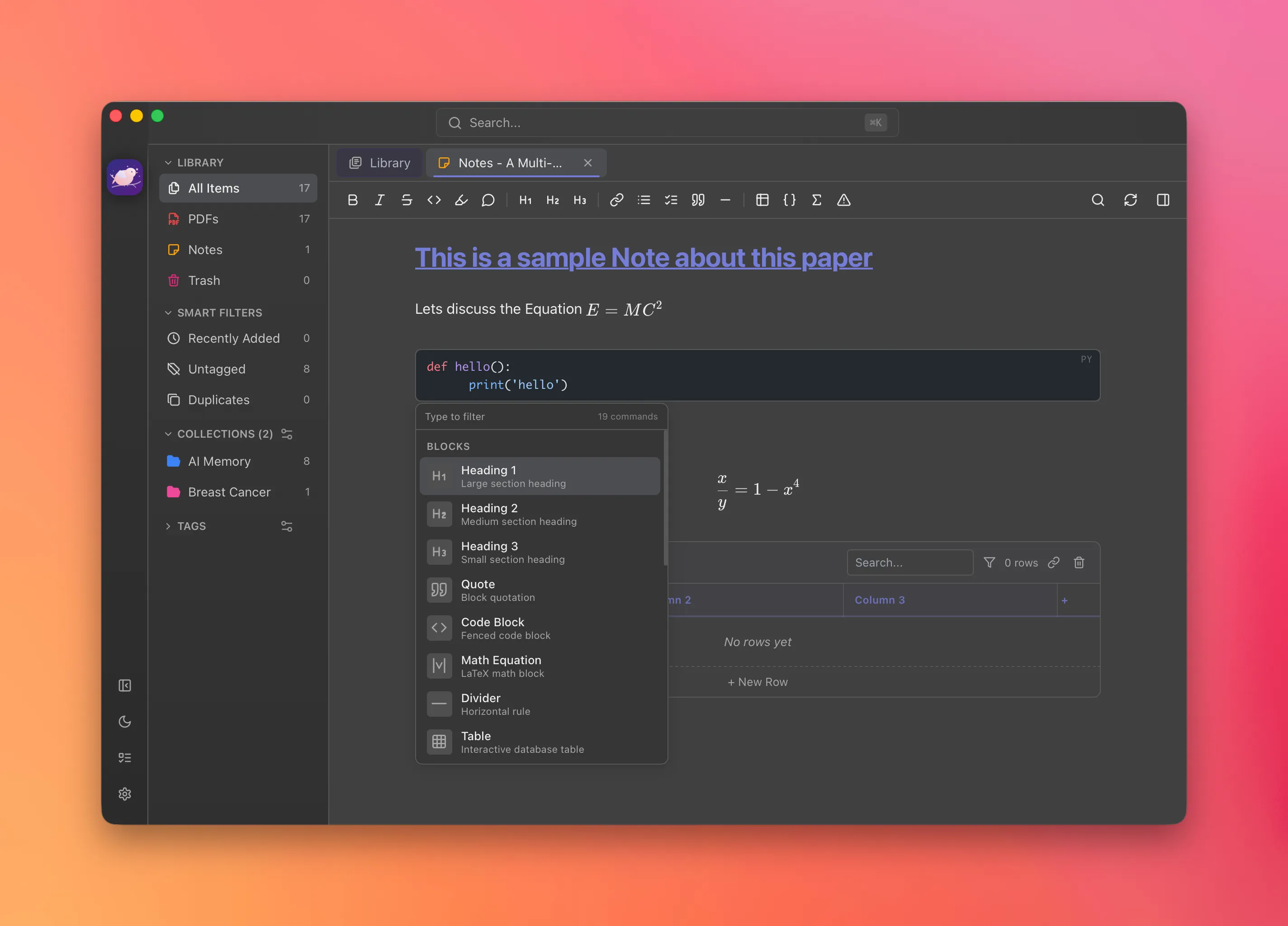 Markdown notes editor