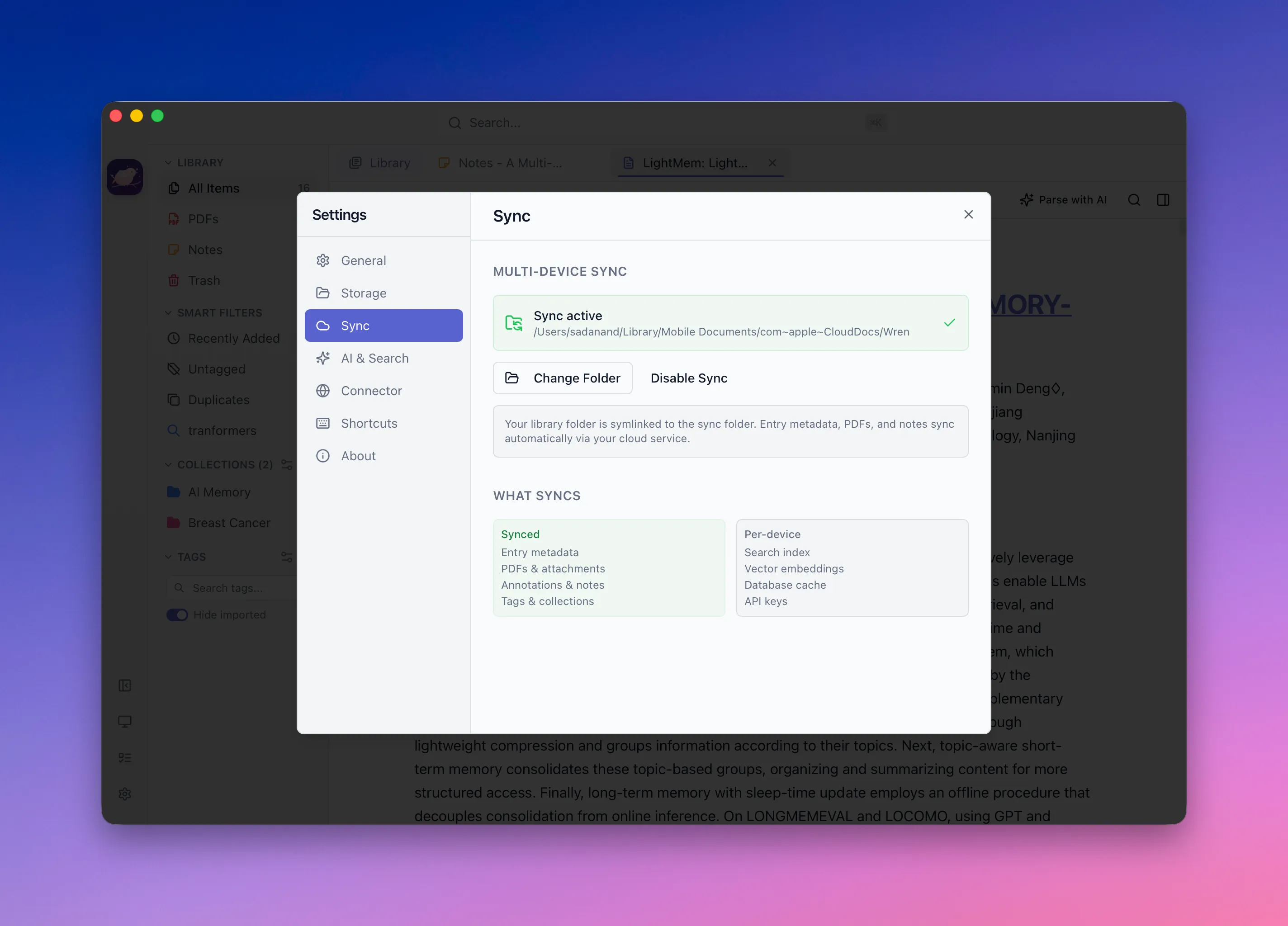 Multi-device sync settings